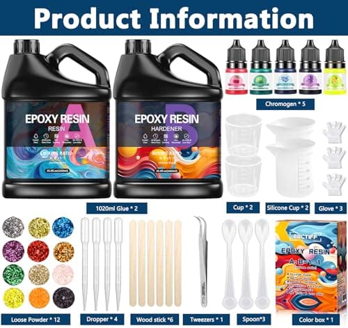 BBLTIFF Resine Epoxy, 2.04L Resine Epoxy Transparente, 1:1 Epoxy Resin Kit Complet, Avec Peinture, Bâton, Cuillère, Gants, Verre Doseur, Pince à épiler, Paillettes, Pour La DIY Artisanale, Porte-clés