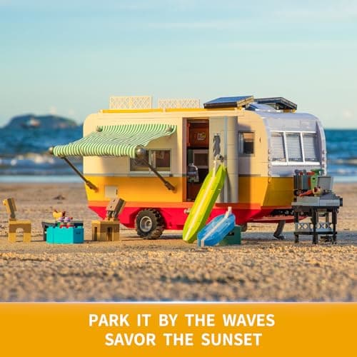 FUNWHOLE Caravane de Voyage - Ensemble de Construction en Briques Éclairées, Van Classique de Plage avec Lumières LED, Modèle de 1325 Pièces pour Adultes et Adolescents