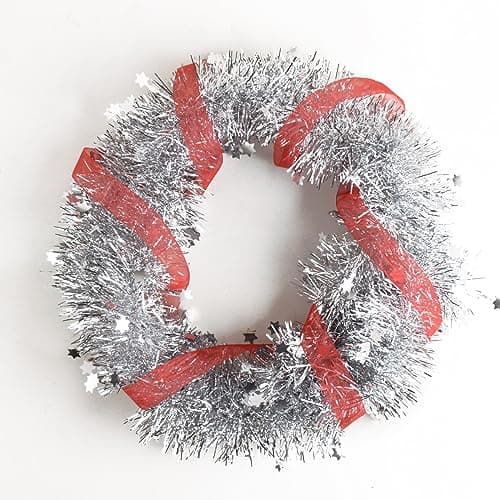 6PCS Guirlandes de Noël Tinsel 12m Avec Étoiles Décoration Scintillantes - Ornement Pendendif pour Sapin, Maison Intérieur, Fête, Anniversaire, Mariage (Argenté)