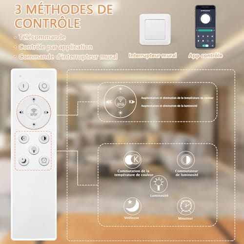 Tetipa Plafonnier LED Dimmable, 40-80W Luminaire Plafonnier Salon Télécommande APP, 3000k-6500k Lampe de plafond Lampe de Plafond per Chambre Salle à manger Luminaire Plafonnier