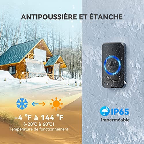 TECKNET Sonnette sans Fil, IP65 Exterieur Étanche Carillon 400 Mètres Two Récepteur Sonnette Electronique, 60 Mélodies 5-Niveaux LED Bleu, pour Maison, Hôtel, Urgence