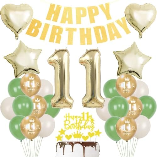 Decoration Anniversaire 11 ans garçon fille,Ballons 11 ans anniversaire or vert,Décoration fête 11 ans anniversaire,Vert Or clair 11 ans Décorations anniversaire fille garçon,ballon 11 ans fille