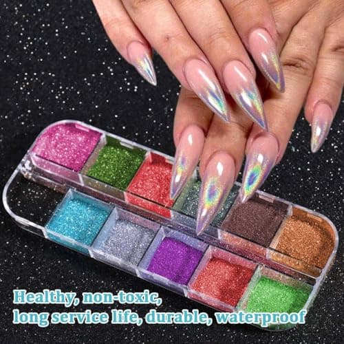 QEDBOJE Poudre à Ongles Chrome, Effet Miroir, Pigments Chromés, Ongles Miroir, Poudre Pailletée, Ongles Métalliques Chrome (12 Couleurs)