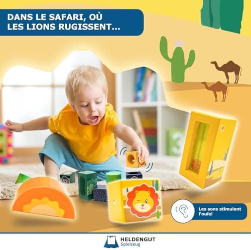 HELDENGUT® Blocs Sonores 'Tour-du-Monde' dès 1 an pour Bébés - Cubes de Construction en Bois de Qualité - Jouet Éducatif Montessori pour Filles & Garçons dès 1 an
