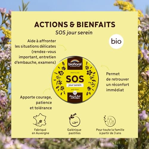 BIOFLORAL - SOS Secours Jour Serein BIO - 165 Pastilles - Soutien émotionnel - Fleurs de Bach Authentiques - Sans Alcool