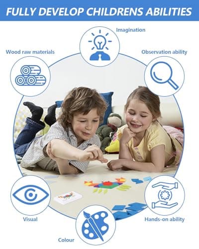 Puzzle en Bois-Tangram 210PCS,Jouets éducatifs Classiques-Jouets Montessori,Bois Scie Sauteuse Éducatif Géométrique Jeu,30 Pcs Cartes de Conception et Sac de Rangement pour Enfants