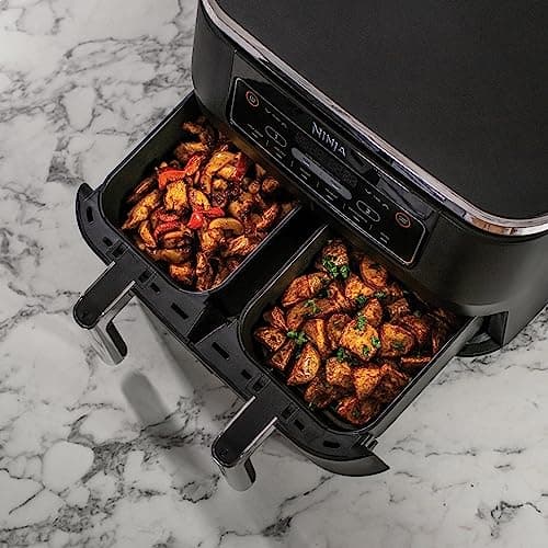 NINJA Foodi Dual Zone Airfryer Digital, 2 Tiroirs, 7,6L, 6-en-1, Sans huile, Air Fry, Max Crips, Rôtir, Cuire, Réchauffer, Déshydrater, Antiadhésif, Paniers lavables au lave-vaisselle, Noir AF300EU