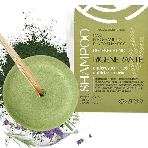 Senso Naturale Shampoing Solide Régénérant Anti-Frisottis pour Cheveux Bouclés avec Spiruline, Fenugrec, Argile Verte, Naturel, Bio, Vegan et Écologique, pH 4,5-5,5