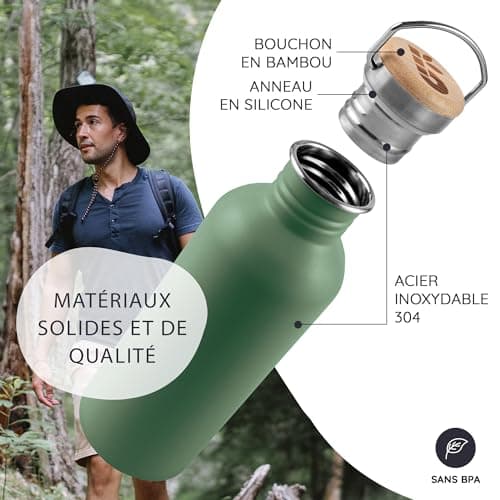 Bambaw Gourde Inox 750 ml, Bouteille d'Eau Verte, Gourde Sport Non-Isotherme, Gourde Acier Inoxydable 750 ml, Gourde Reutilisable – Vert Sauge
