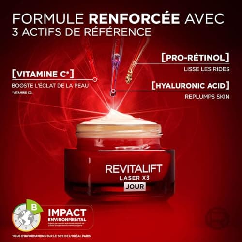 L'Oréal Paris - Soin Profond Visage Anti-Âge - Crème de Jour Triple Action - À l'Acide Hyaluronique, Pro-Rétinol & Vitamine C - Tous Types de Peau - Revitalift Laser X3 - 50 ml