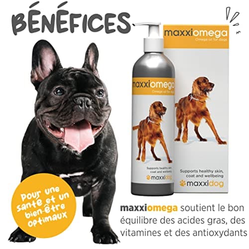 maxxipaws | maxxiomega | Huile Oméga Avancée pour Chiens | pour Une Peau Saine et Un Pelage Brillant | Pompe Facile à Utiliser | Oméga 3, 6 et 9 Plus Vitamines et Biotine | 296 ML
