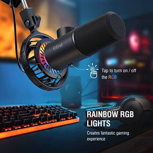 FIFINE USB Microphone Gaming, RGB Dynamiques Micro pour PC, Bouton de Silence & 3,5mm Prise Casque, Plug and Play Microphone Cardioïde pour Diffusion en Continu, Podcasting, Youtube