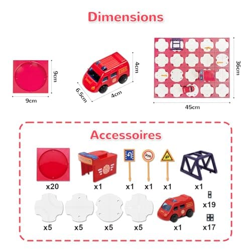 SGILE 20PCS STEM Road Builder Puzzles pour Enfants 3+, Jeu de Construction de Labyrinthe, Jeu de société avec Voiture Mignonne, signaux Routiers, Jouets pour garçon/Fille 3-7 Ans (Camion de Pompiers)