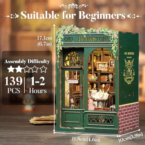 CUTEBEE Kit Book Nook - Maison Miniature à Monter soi-même - Maison de poupée - avec Housse de Protection Contre la poussière et lumière LED - Kit de modélisation pour Adultes(Owl Bookstore)