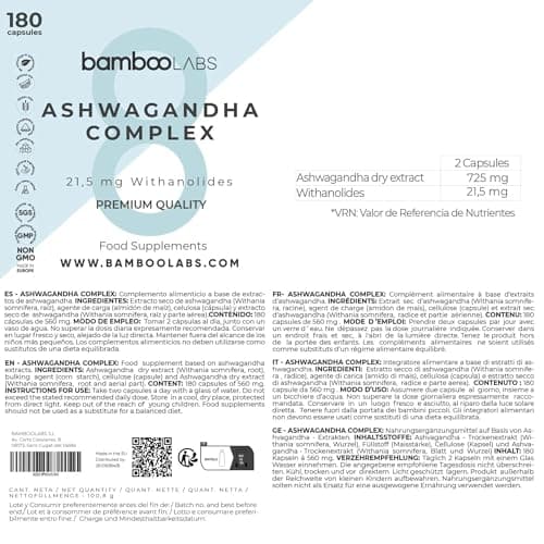 Bamboo Labs - Ashwagandha avec Extrait Sec de Withania Somnifera, Favorise l'Apparition du Sommeil, le Bien-être Intellectuel et Physique, 180 Gélules d'Aswaghanda Pendant 6 Mois.