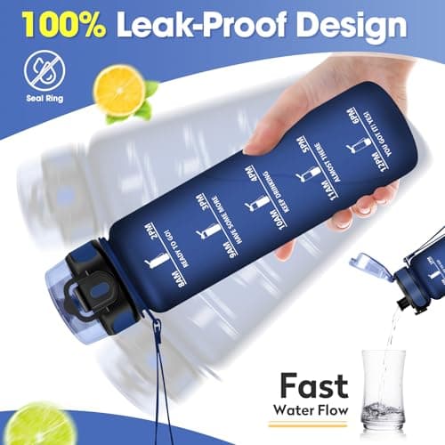 KollyKolla Gourde 1L, Bouteille d'eau, Étanche & Réutilisable, Gourde Sport avec Filtre et Marqueur de Temps, sans BPA, Gourde Motivation pour Enfant, Adulte, Cyclisme, Bureau, l'école, Camping
