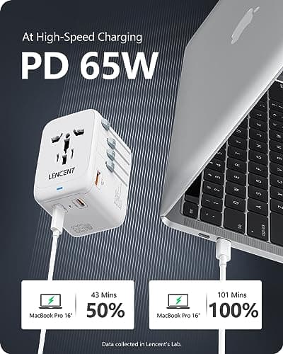 LENCENT Adaptateur Prise Universelle 65W, 3 Type-C+1 USB Chargeur Rapide Voyage, Chargeur Universel de téléphone avec Prise Internationale pour Phone, PC, UK US EU AUS Blanc