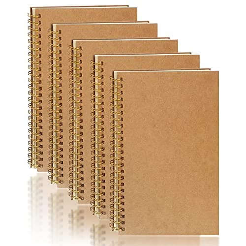 PALUDO Lot de 5 A5 Cahiers à Spirales Vierge Classique, Bloc-Notes de Couverture Kraft 100 Pages / 50 Feuiles, Carnet de Notes A5 Notebook Cahier de Note Carnet Dessin pour Voyage École Bureau