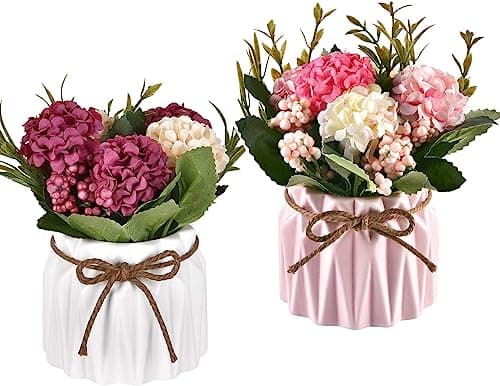 2 Pièces Vase Ceramique, Vase à Fleurs de Style Nordique, Ensemble de Vases Fleurs Moderne Style Géométrique pour Bureau, Décoration La Maison, Mariage, Salon, Table (Blanc + Rose)