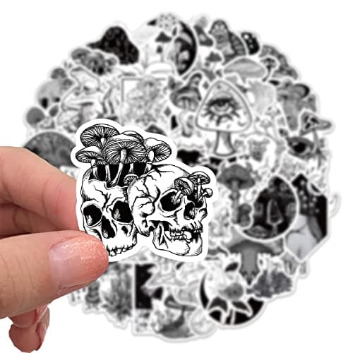 Goth Style Mushroom Lot de 50 autocollants gothiques esthétiques noirs et blancs imperméables en vinyle décoratif petits autocollants pour guitare, bouteille d'eau, bagages, tablette, téléphone,