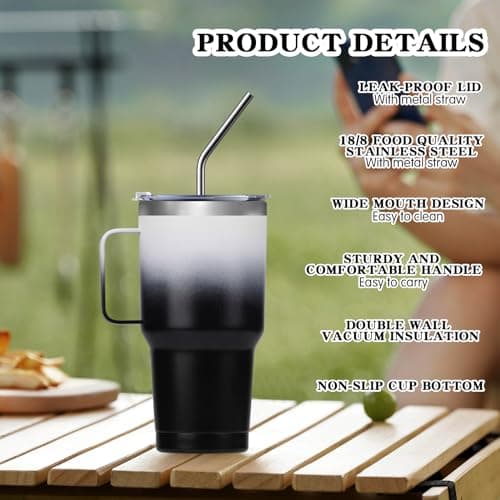 NIKYJM Mug Isotherme 900ml 30oz, Tasse a Cafe Acier Inoxydable avec Poignée, Tasse Isotherme Double Isolée Sous Vide avec Paille et Brosse pour Chaud et Froid