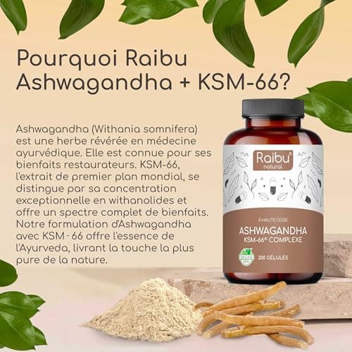 Raibu Ashwagandha KSM-66 200 Gélules - Jusqu'à 7% Withanolides - 1334mg par dose journalière du Complexe Ashwagandha - Sans Additifs Artificiels - Vegan, Naturel, Testé en laboratoire