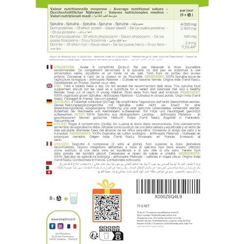 Spiruline Bio - Bioptimal - Complément alimentaire - BCAA Fer Vitamine A - 65% de Protéine - 17% de Phycocyanine - 500 mg/comprimé - Conditionnée en France - Certification Ecocert - 150 comprimés
