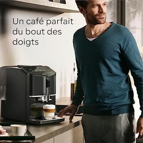 SIEMENS, machine à café tout automatique, EQ300, ceramDrive, milkPerfect, fonction oneTouch, noir piano, TF301E19
