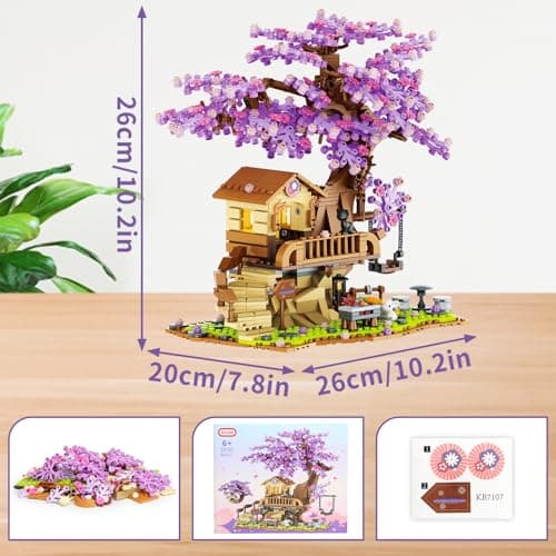 Jouet de construction pour la maison de l'arbre des cerisiers en fleurs avec lumière LED, 880pcs Bonsaï de fleurs de cerisier Jeu de construction de maison en fleurs pour les enfants de 6 à 12 ans