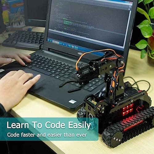 Adeept RaspTank Kit de Voiture Robot Intelligent sans Fil WiFi pour Raspberry Pi 4/3 modèle B+/B, Robot Suivi de réservoir avec Bras robotique 4-DOF, Suivi de Cible OpenCV, Transmission vidéo