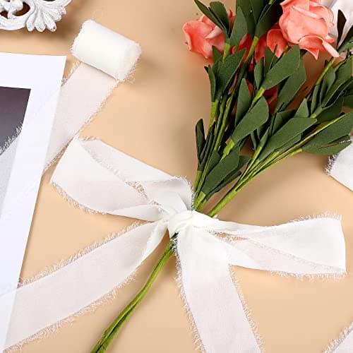 cobee Lot de 2 rouleaux de rubans en mousseline de soie faits à la main avec franges effilochées Ruban bohème pour emballage cadeau, invitations de mariage, arrangement floral -Blanc -3,8 cm x 4,9 m