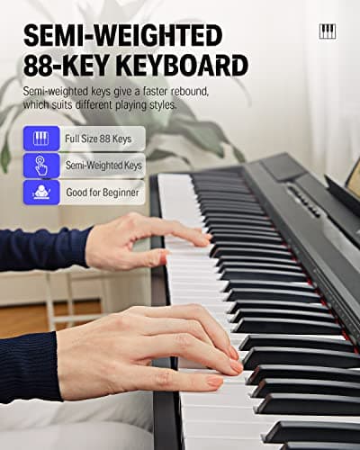 Donner Piano Numérique 88 Touches Pondérées, Semi-lestées, Clavier électrique Fullsize pour Débutant avec 3 Pédale et Support Détachable de Piano, DEP-10
