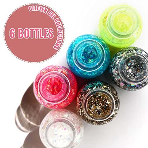 Royouzi Paillettes Visage, Glitter Body Gel, 6 Bouteilles Sirène Paillettes, Chunky Glitter Liquide Gel, 6 Couleurs Maquillage Glitter pour Fard à Paupières, Festival, Fête, Noël, Pâques, Maquillage
