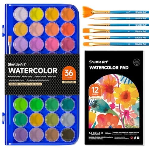 Shuttle Art Aquarelle Peinture, 36 Couleurs Set de Peinture Aquarelle avec 6 Pinceaux et 1 Bloc Aquarelle, Aquarelle Palette Parfait pour Enfant et Débutant pour Peinture et Loisirs Créatifs