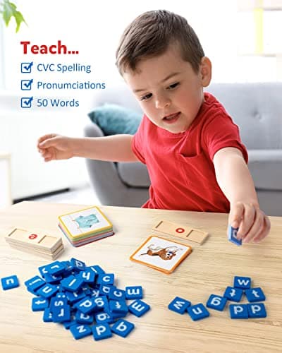 Coogam Voyelle Courte en Bois Lecture Lettres Tri Jeux d'orthographe, Mots à Vue Flashcards Alphabet Puzzle Montessori Jouet Éducatif Cadeau pour Enfants 3 4 5 Ans