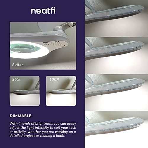 Neatfi Bifocals Lampe loupe Super LED 1 200 lumens avec base pivotante à 5 roues, double dioptrie 5/20, intensité variable, 60 LED SMD, lentille de 12,7 CM de diamètre (Blanc)