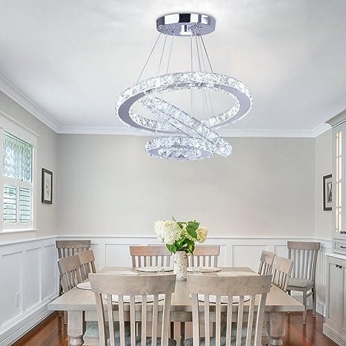 Cainjiazh Lustre moderne en cristal 3 anneaux LED ronds Lustre pendentif DIY en acier inoxydable ajustable Lustre plafonnier pour salle à manger chambre à coucher salon (Cool White)