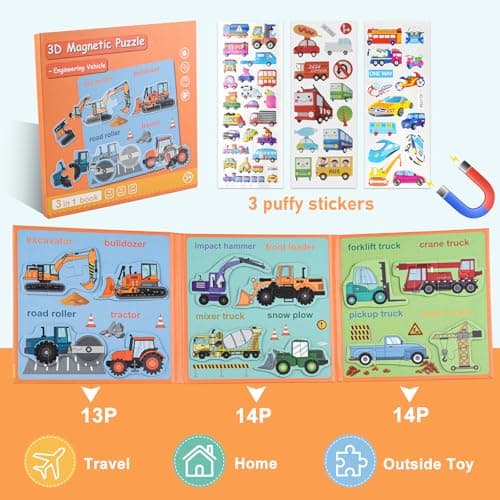 ASTARON Puzzle magnétique avec 60 Autocollants gonflés pour Tout-Petits, 41 pièces Puzzles pour Tout-Petits éducation préscolaire Apprentissage Jouets de Voyage Voiture Avion activités