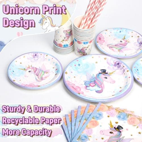 LAISLLA Assiettes Anniversaire Licorne, Anniversaire Licorne Decoration Fille, Deco Licorne Ballon, Licorne Vaisselle Anniversaire pour Enfants Party Fête Mariages Baby Shower Noël, 16 Invités