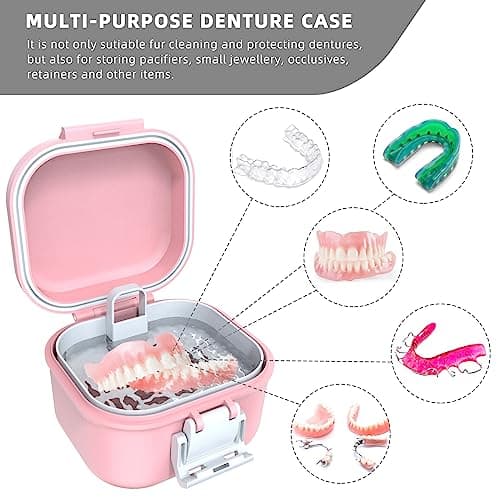 ARGOMAX Boîte de prothèse anti-fuite, boîte à prothèses dentaires portable avec tamis, pour prothèses dentaires et appareils dentaires (rose + blanc).