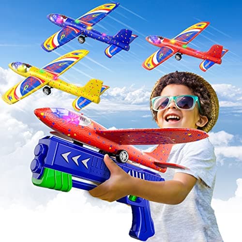 3 Packs de jouets lanceurs d'avion, 12,6 pouces de mousse LED planeur avion catapulte, 2 modes de vol, Outdoor Sports Jouets volants 4 5 6 7 8-12 ans Garçons Filles Cadeaux d'anniversaire (Bleu)