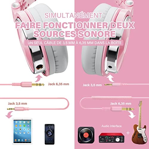 OneOdio Casque Audio Filaire DJ Piano Guitare avec Micro, Hi-Res Audio Extra Basse Son, Léger Confort Pliable Casque avec Share-Port, 2 Prise Jack, Headphone PC Studio Monitor AMP Pro-10(Rose Gris)