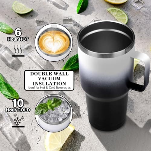NIKYJM Mug Isotherme 900ml 30oz, Tasse a Cafe Acier Inoxydable avec Poignée, Tasse Isotherme Double Isolée Sous Vide avec Paille et Brosse pour Chaud et Froid