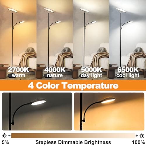 LED Lampadaire, 44W 4500LM Super Lumineux Lampadaire sur Pied Salon, Dimmable 2700K-6500K Lecture Lampadaires avec Télécommande et Contrôle Tactile, Lampadaire Haut pour Salon Chambre Bureau