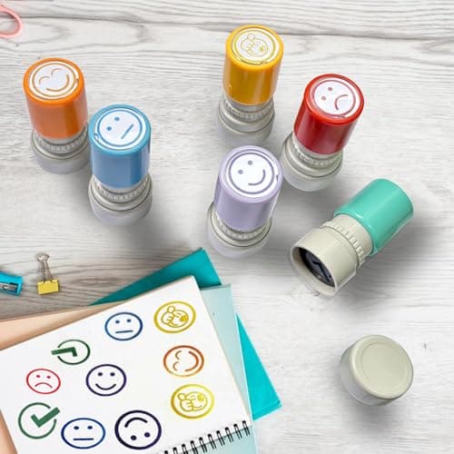 Qcdou Tampons Enseignants Français, 6PCS Plastique Tampon Auto Encreur Enfant, Tampon Smiley, Tampon Ecole Mignon pour Encourager Motiver Élèves, Spécial Cadeau Professeur Ecole Avec Boîte