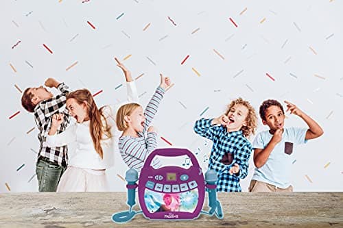 Lexibook - Disney la Reine des Neiges 2 - Lecteur musical karaoké portable pour enfants – Micros, Effets lumineux, Bluetooth, Enregistrement/changement de voix, Batteries rechargeables,Violet,MP320FZZ