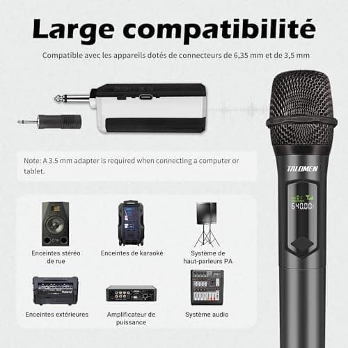 Talomen Microphone sans fil professionnel,système de dual microphone à 2.4 GHz Karaoké Dynamique Rechargeable avec Récepteur,160ft Ext,Idéal pour Karaoké,Chants,Fêtes,Soirées,DJ,Églises,Mariages,K60-2