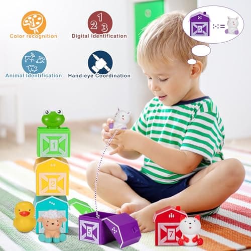 Wisplye Jouets à Empiler d'animaux de la Ferme, Marionnettes Doigts Montessori, Jouets d'apprentissage pour Bebe Enfant Garçon Fille 1 2 3 Ans Cadeaux Noël (10 Pièces)