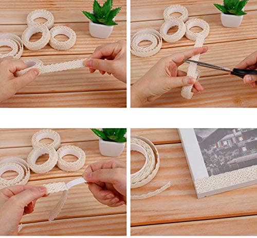 Jieddey Ruban Dentelle,4 Rouleaux de Dentelle Beige Dentelle de Coton Adhesive Auto-adhésif Ruban de Dentelle à Bord pour Fabrication de Cartes Artisanat Décoration Mariage Embellissement Beige