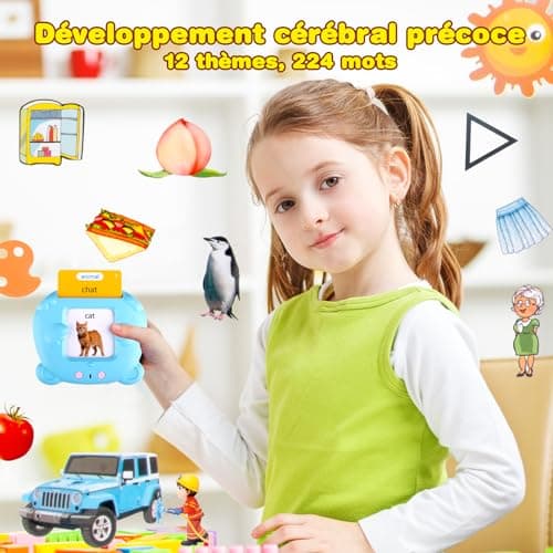 Sunity Cartes Flash parlantes pour Enfants, Mot ami Jeux français de 2 à 6 Ans avec de la Musique, Jeux educatif 2 Ans, Jouets préscolaires pour écouter et Apprendre Bleu(Français/Anglais/Bilingue)